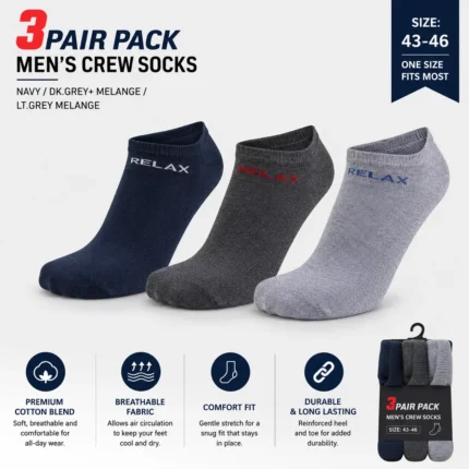 3PAIR PACK MEN'S CREW SOCKS NAVY/DK.GREY+MELANGE/LT.GREY MELANGE SIZE:43-46 @FS